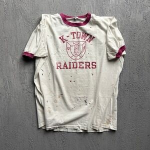 Vintage  K-Town Raiders Ringer Shirt XL White 1970s Champion Blue Bar